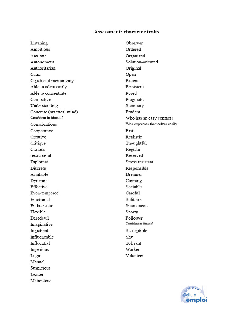 Character Traits Assessment Guide | PDF