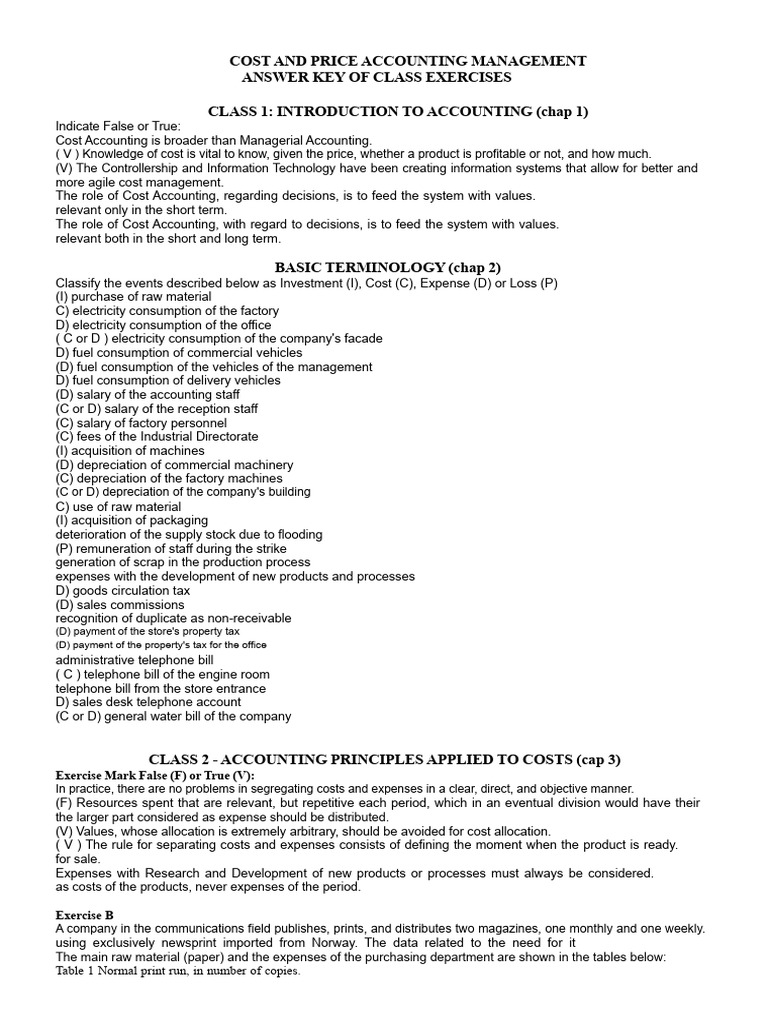GCCP ExerciseClasses1 2 Key | PDF | Cost Accounting | Expense