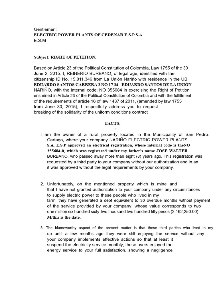 Right of Petition Against CEDENAR E.S.P. | PDF | Payments | Surety