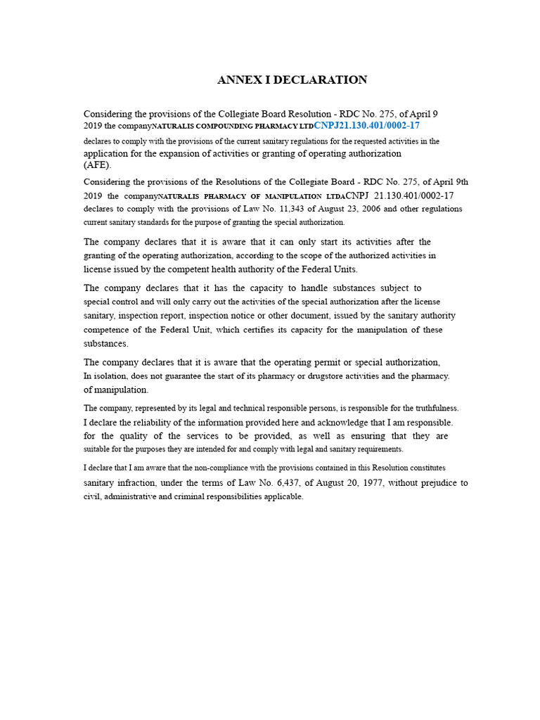 Naturalis Pharmacy Compliance Declaration | PDF