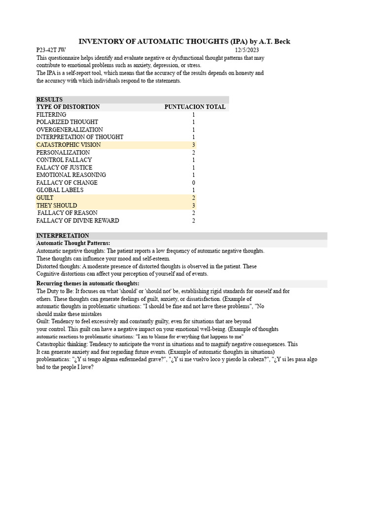 Inventory of Automatic Thoughts Analysis | PDF | Thought | Psychology
