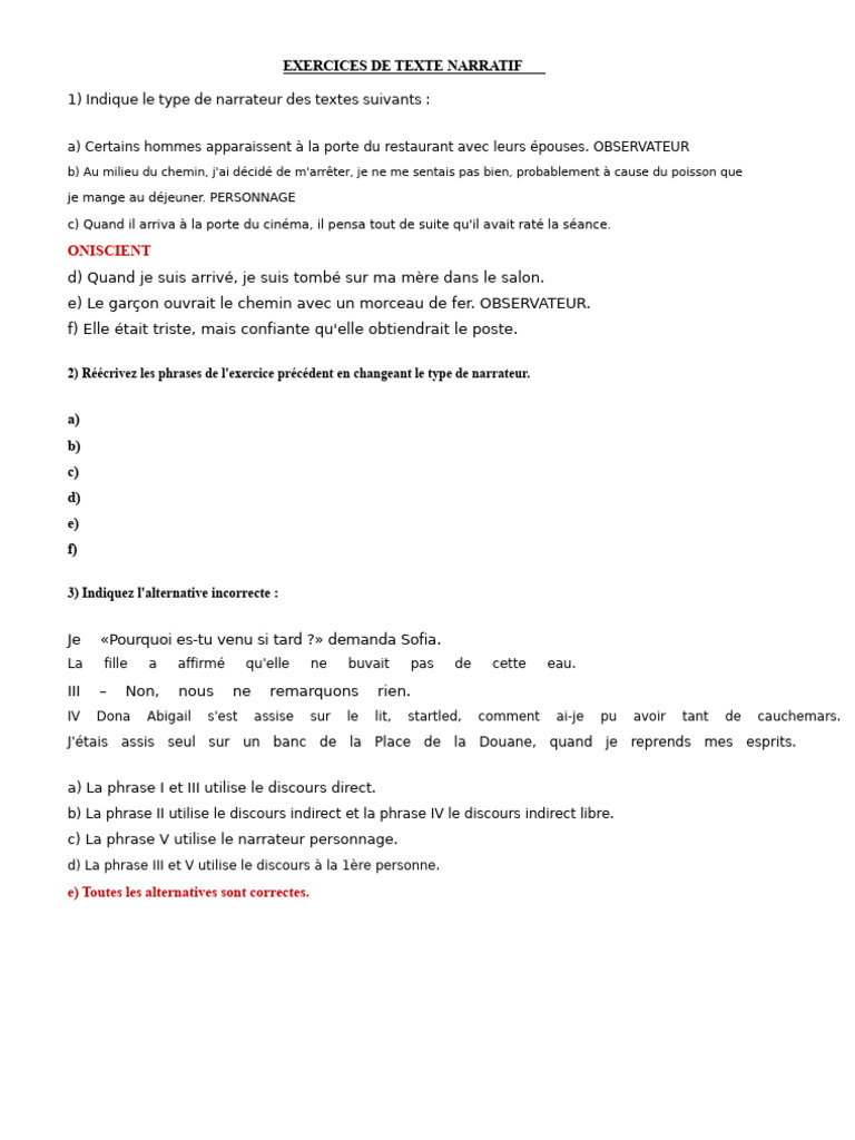 Exercices sur le texte narratif et narrateur | PDF