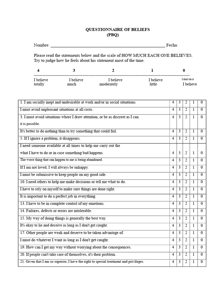 Beliefs Questionnaire (PBQ) Assessment | PDF | Cognition | Social ...