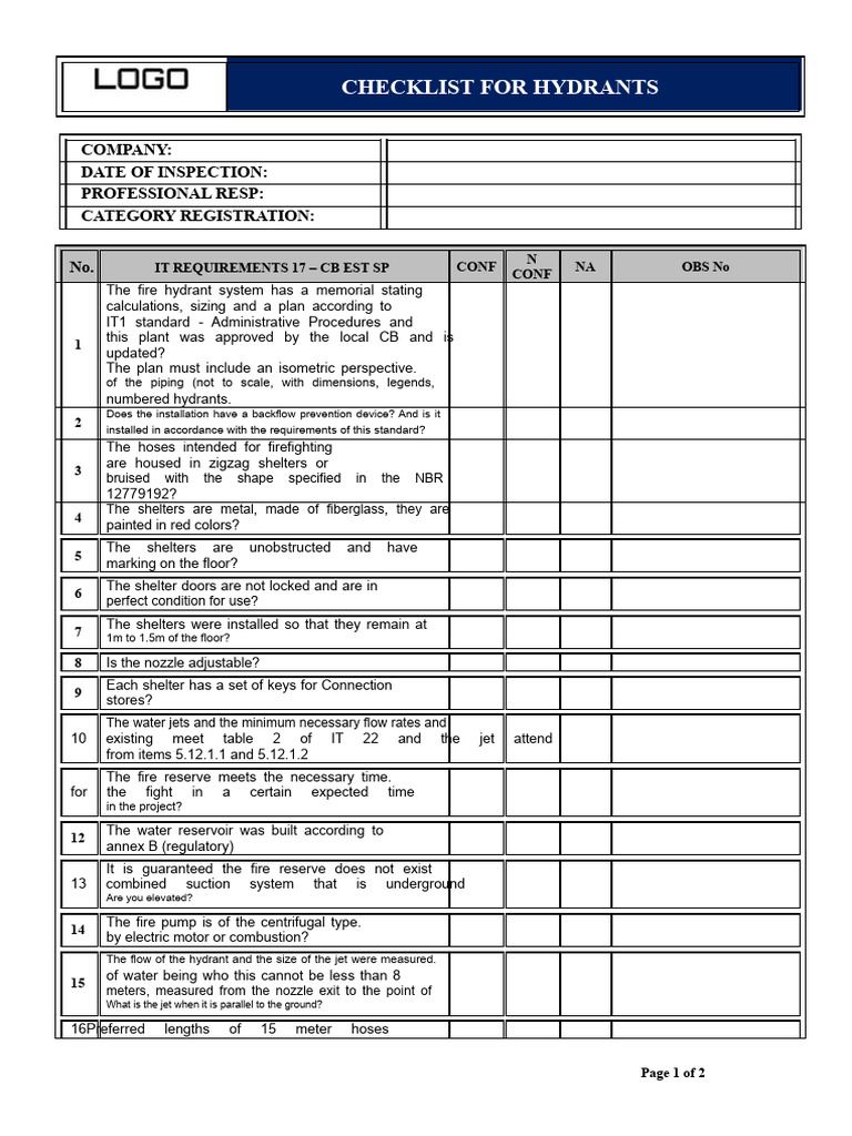 Fire Hydrant Inspection Checklist | PDF | Pump | Firefighting