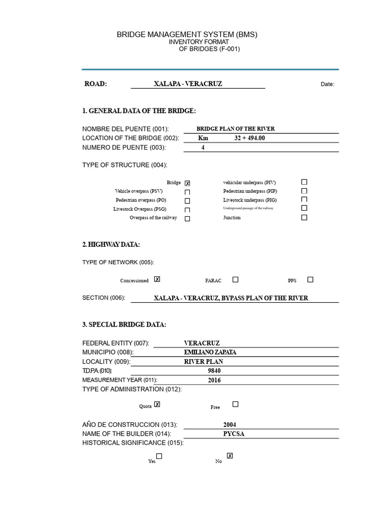 Bridge Inventory Format for Xalapa-Veracruz | PDF | Beam (Structure ...