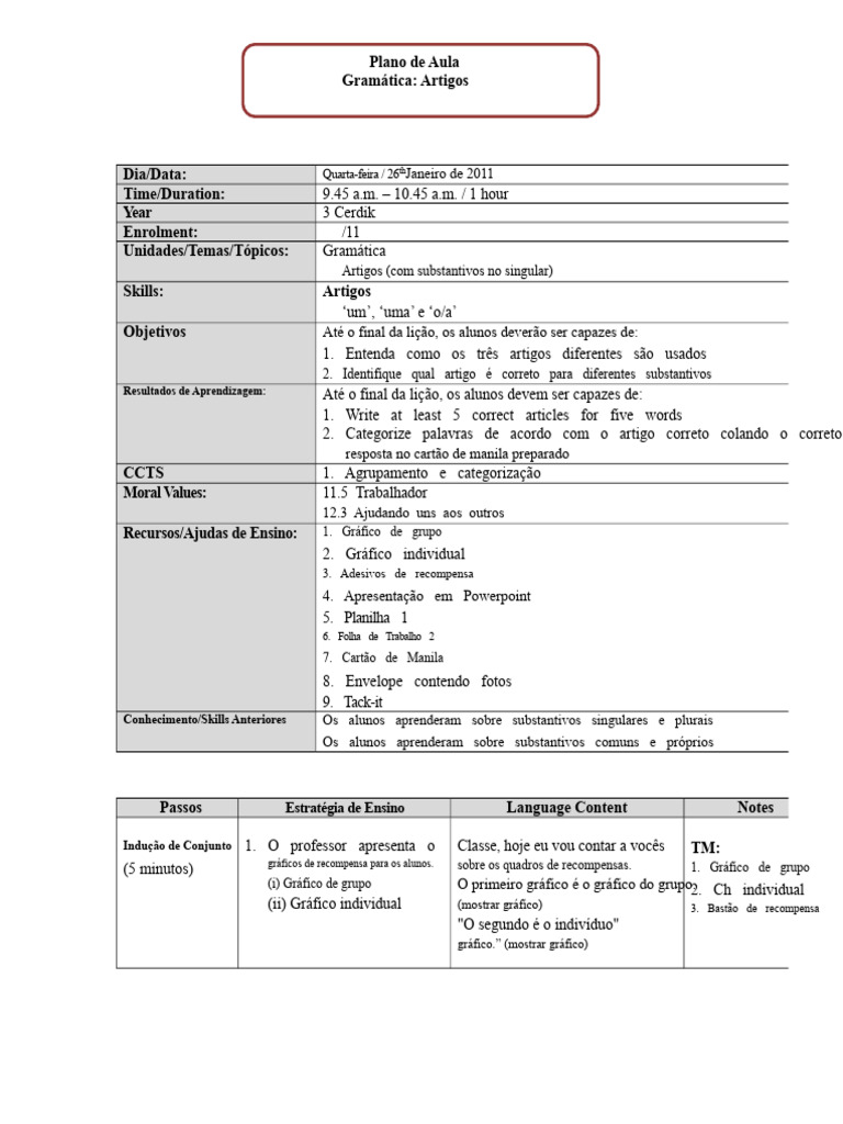 Aula de Gramática: Artigos em Português | PDF | Plural | Famílias ...