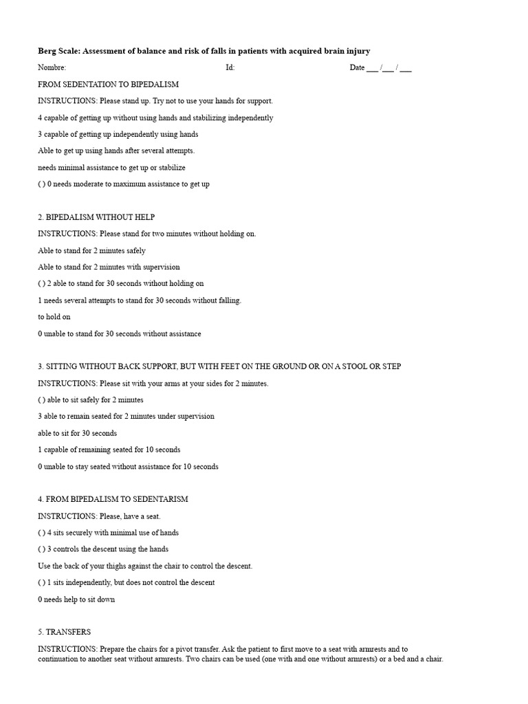 Berg Scale for Assessing Fall Risk | PDF | Bipedalism | Foot