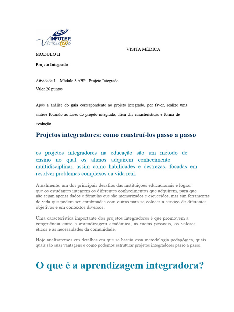 como fazer um Projeto integrador passo a passo unidade 8 do módulo I ...
