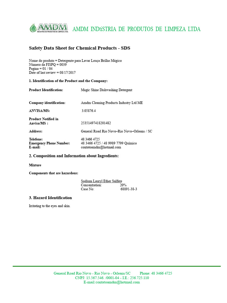 Magic Shine Dishwashing Detergent SDS | PDF | Sodium Dodecyl Sulfate ...
