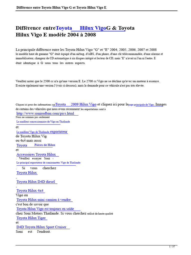 Différence entre Toyota Hilux Vigo g et Toyota Hilux Vigo e | PDF ...