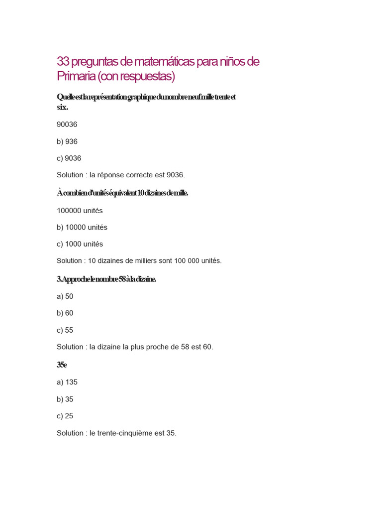 33 questions de maths pour enfants | PDF