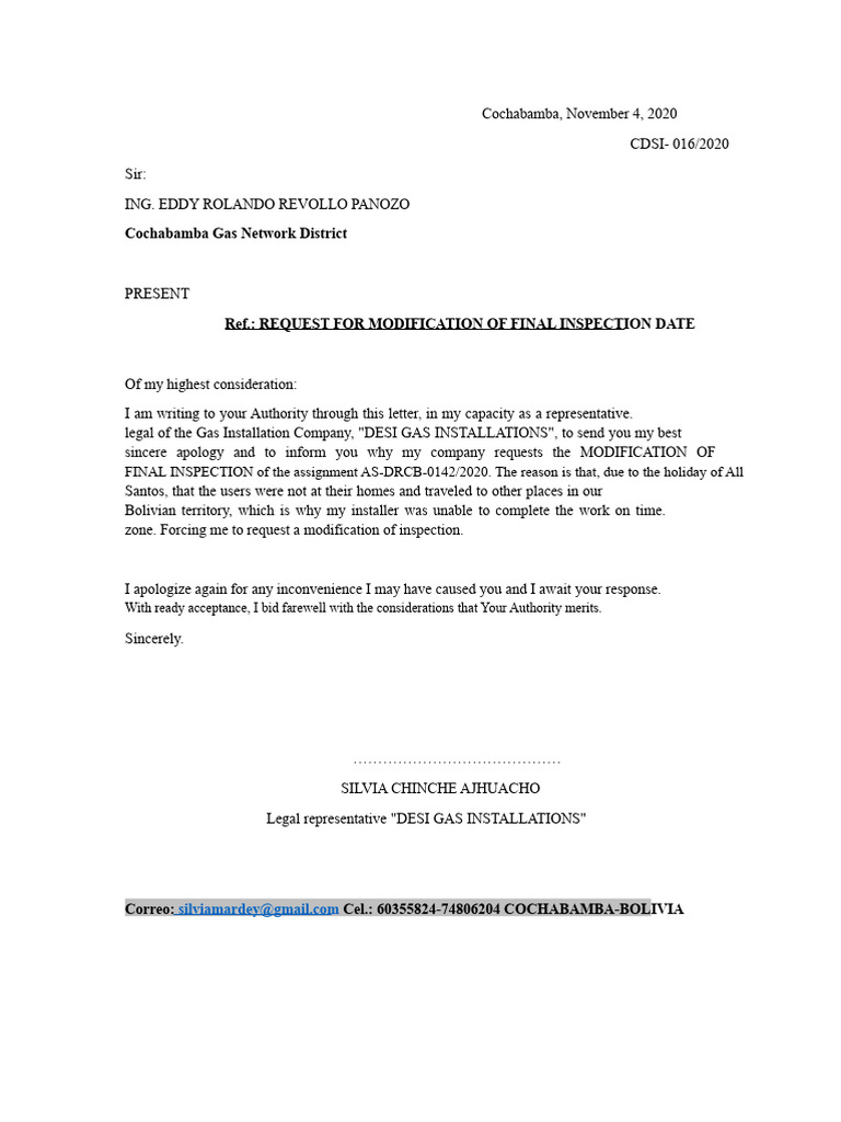Letter Requesting Change of Final Inspection Date | PDF