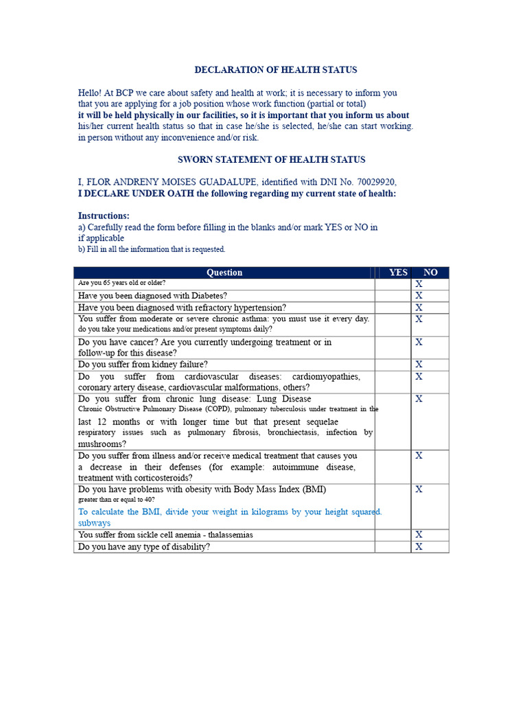 Health Status Declaration BCP | PDF | Chronic Condition | Respiratory ...