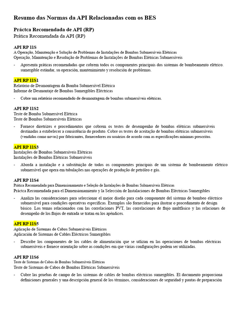 Resumo das Normas da API Relacionadas com os BES | PDF | Bomba | Petróleo