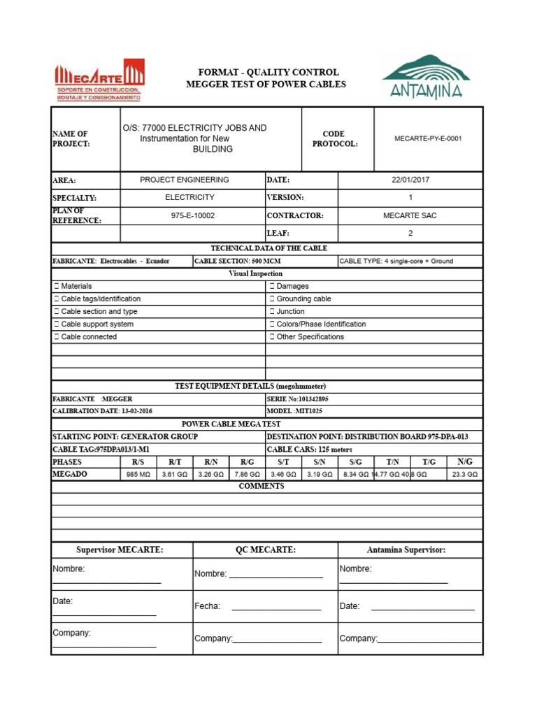 Protocol Test of Power Cable Megger -975-Dpa-013 | PDF | Electrical ...