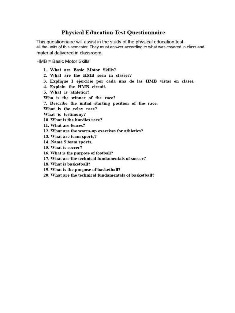 Physical Education Test Questionnaire | PDF