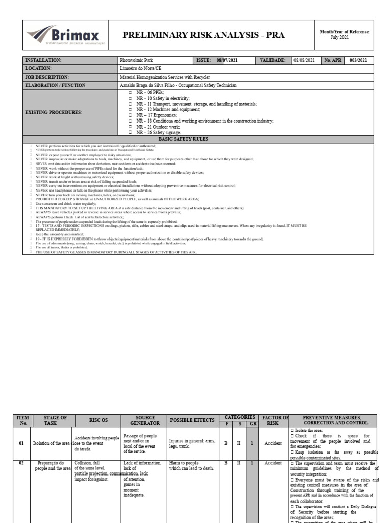 Preliminary Risk Analysis for PV Park | PDF | Personal Protective ...