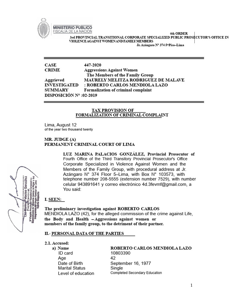 Formalization of Criminal Complaint by The Prosecutor's Office | PDF ...