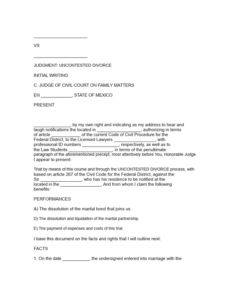 Uncontested Divorce Petition Edomex | PDF | Marriage | Judiciaries