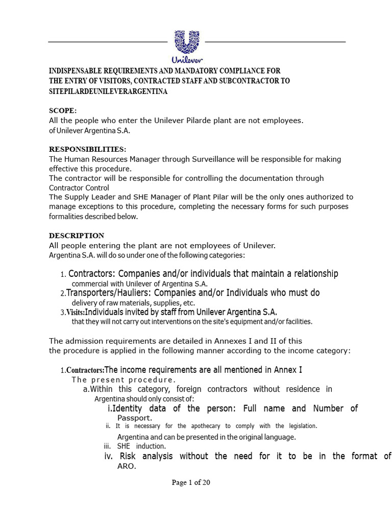 Unilever Requirements Pillar Contractor Entry and final visits | PDF ...