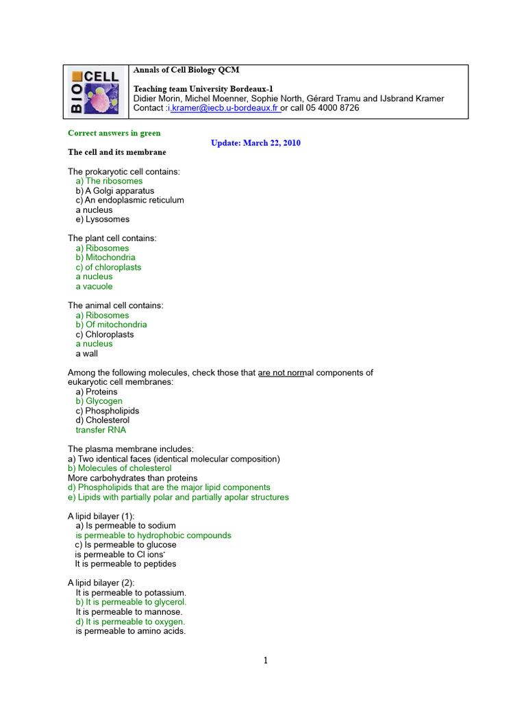 Corrected MCQs of Cell Biology - coursdemedecine.free-h | PDF ...