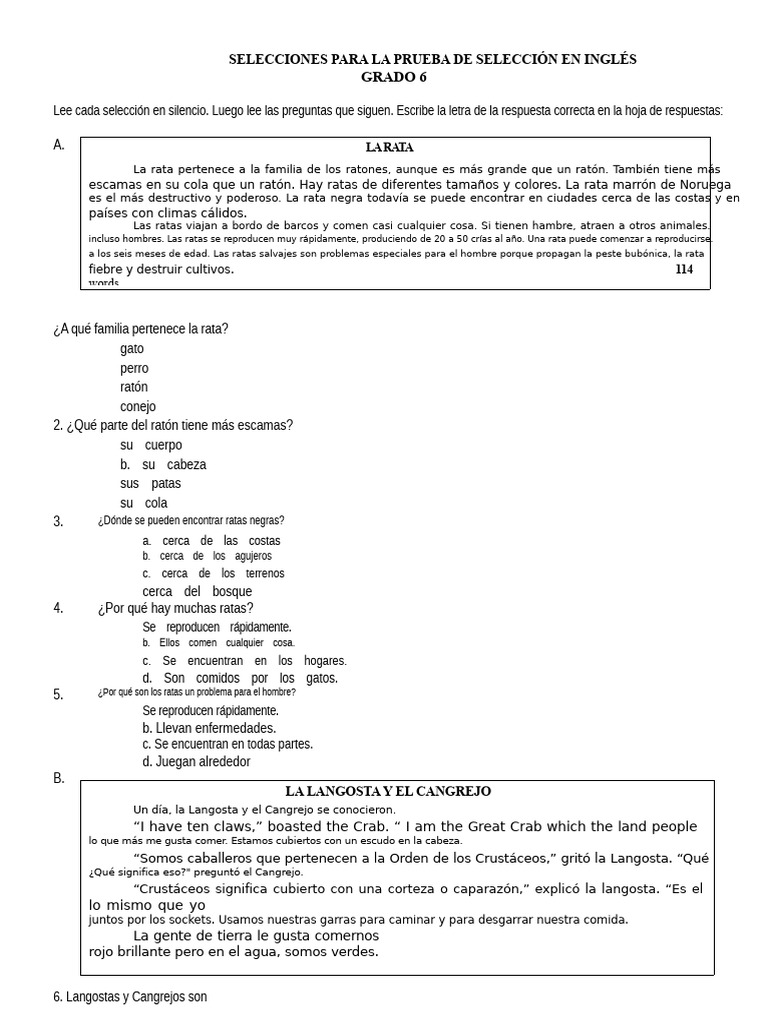 Examen de Inglés de Sexto Grado | PDF | Vegetales