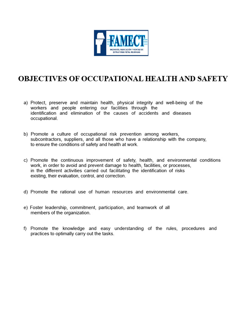 Objectives of Safety and Health in the Workplace | PDF