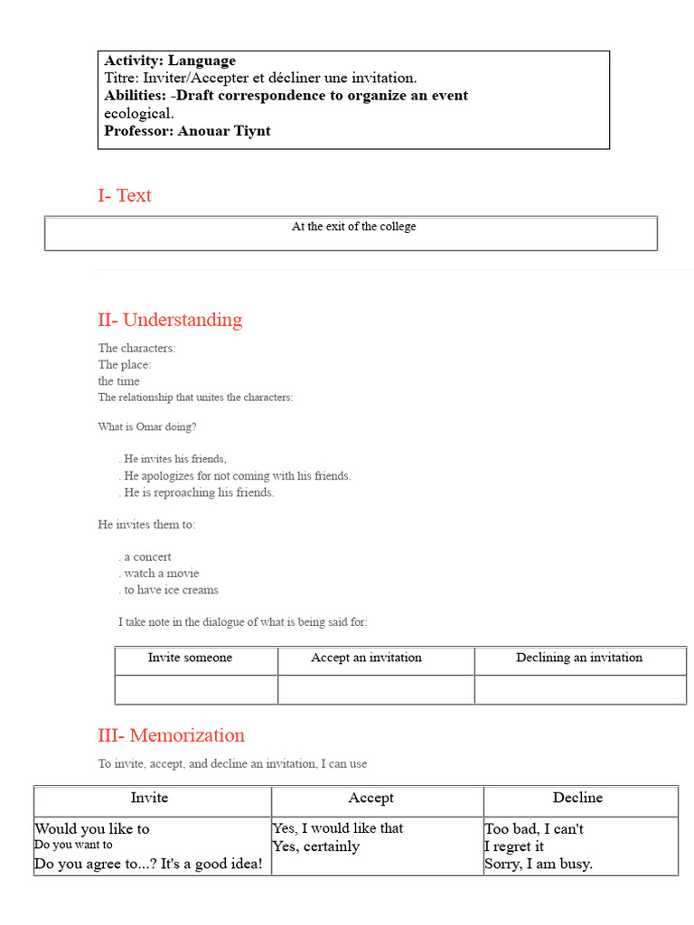 Inviting, Accepting, Declining Events | PDF