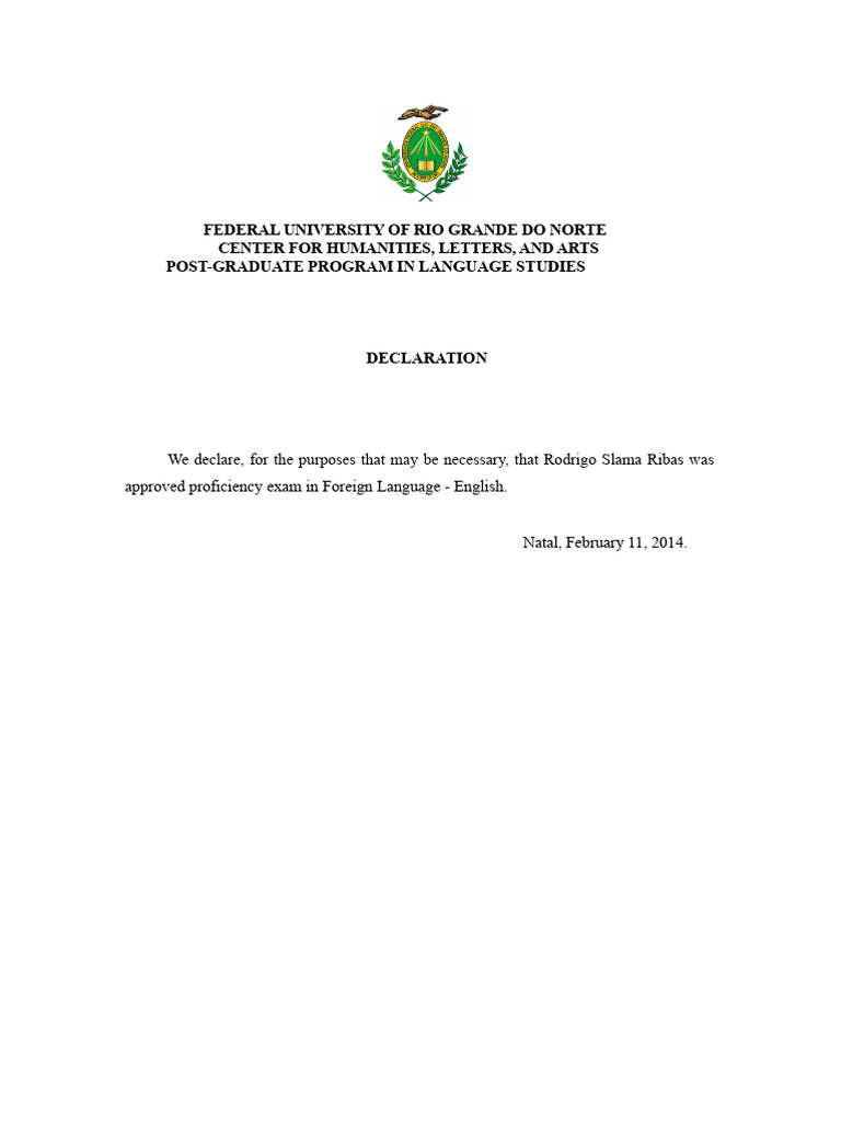 Proficiency Exam Declaration for Rodrigo Ribas | PDF