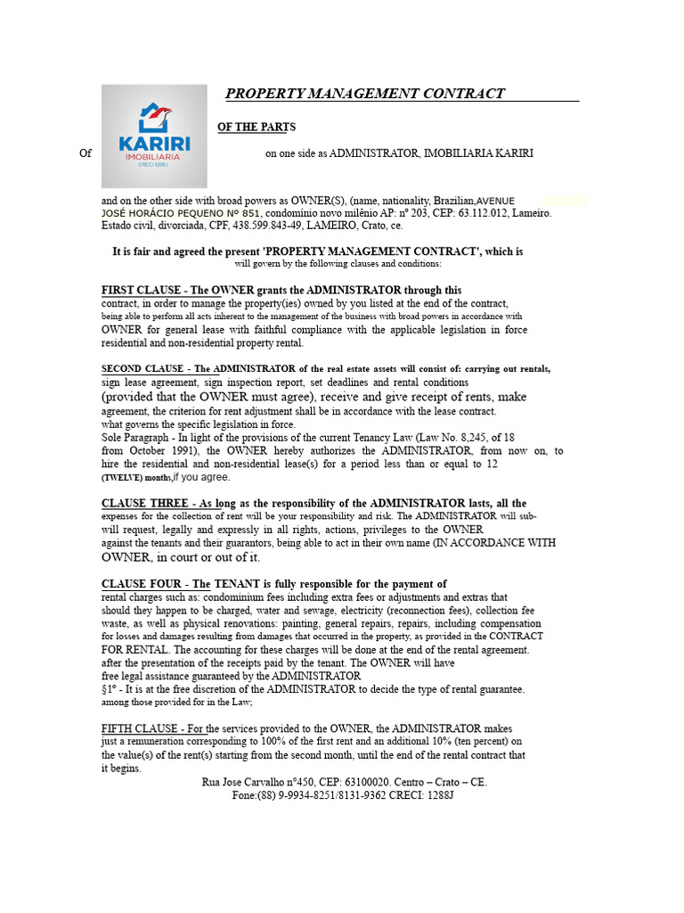 Property Management Contract Template | PDF | Lease | Renting