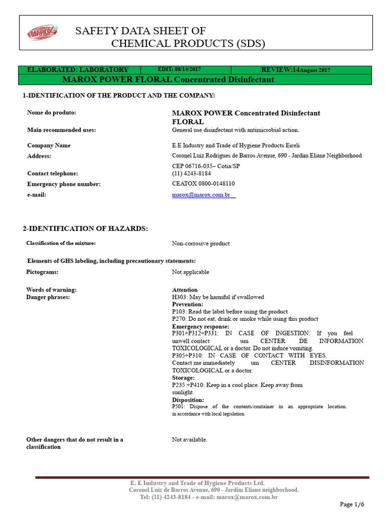 FISPQ Concentrated Disinfectant Marox Power Floral | PDF | Occupational ...