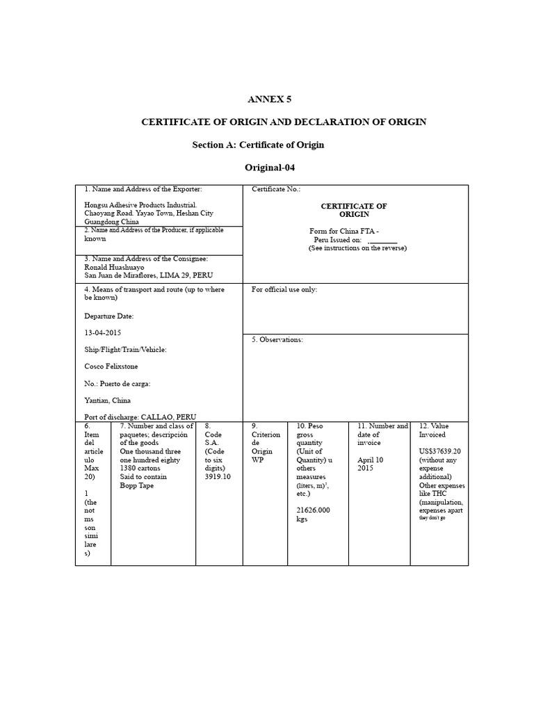 China-Peru Certificate of Origin Form | PDF | Invoice