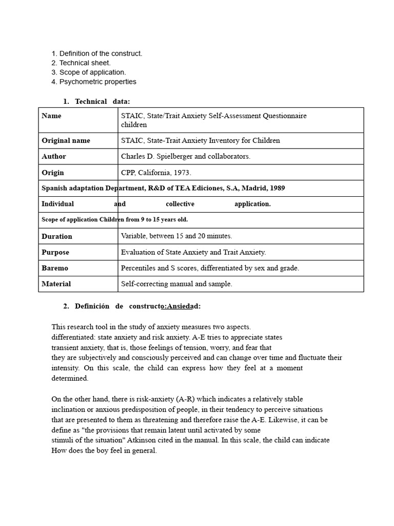 STAIC: Anxiety Assessment for Children | PDF | Validity (Statistics ...