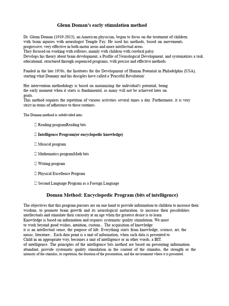 Glenn Doman's Early Stimulation Method | PDF | Senses | Cognitive Science