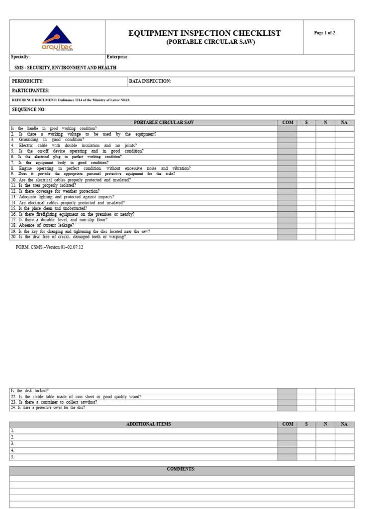 Equipment Inspection Checklist - Portable Circular Saw | PDF ...