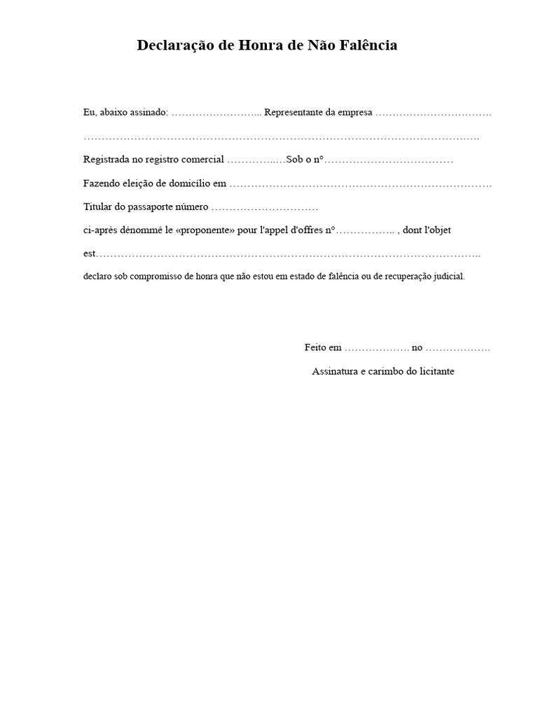 Declaração de Honra: Não Falência | PDF
