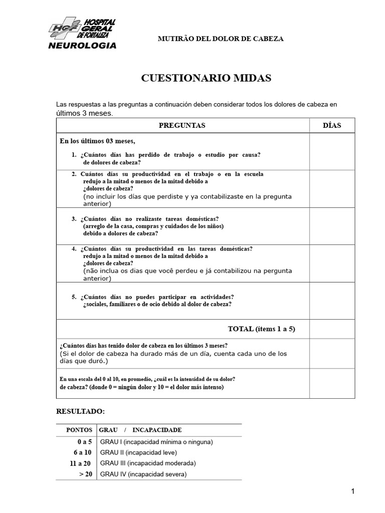Cuestionario MIDAS para Dolores de Cabeza | PDF
