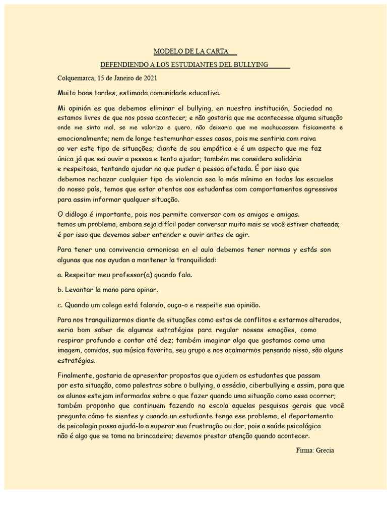 Modelo da Carta | PDF | Assédio moral/bullying | Psicologia
