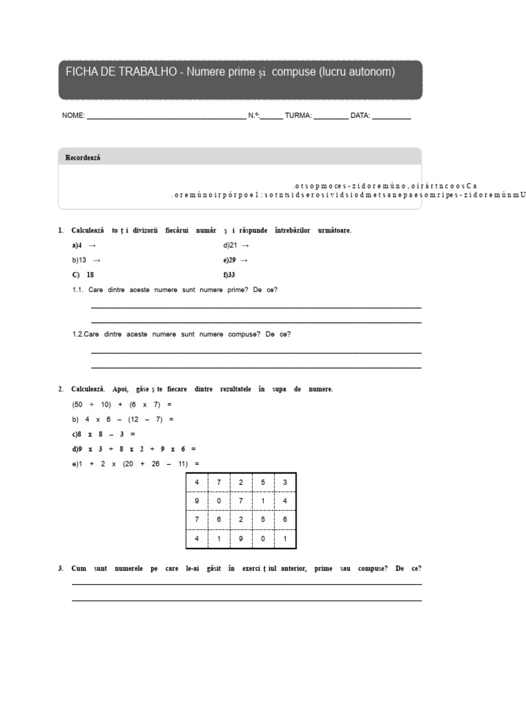 Fișe de Lucru - Numere Prime Și Compuse | PDF