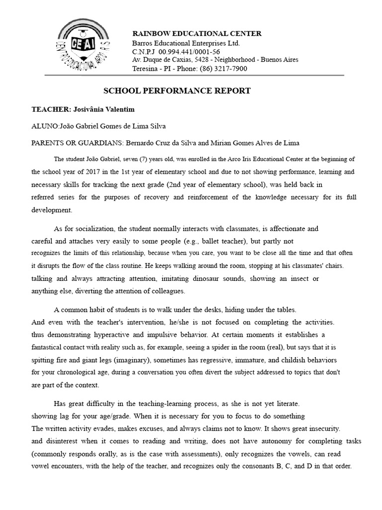 João Gabriel's School Performance Review | PDF | Behavior Modification ...