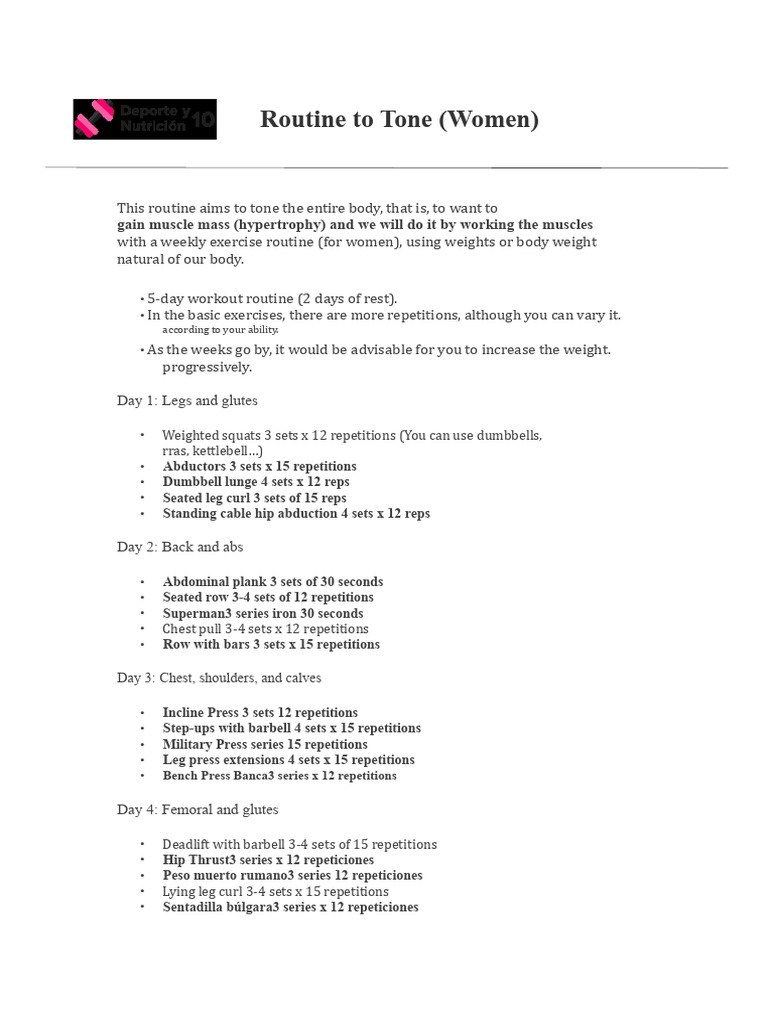 5-Day Body Toning Workout for Women | PDF | Strength Training | Aerobic ...