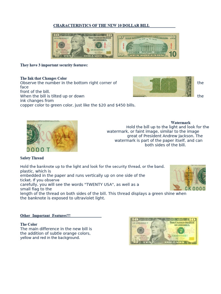 New $10 Bill Security Features Explained | PDF | Banknote | Red