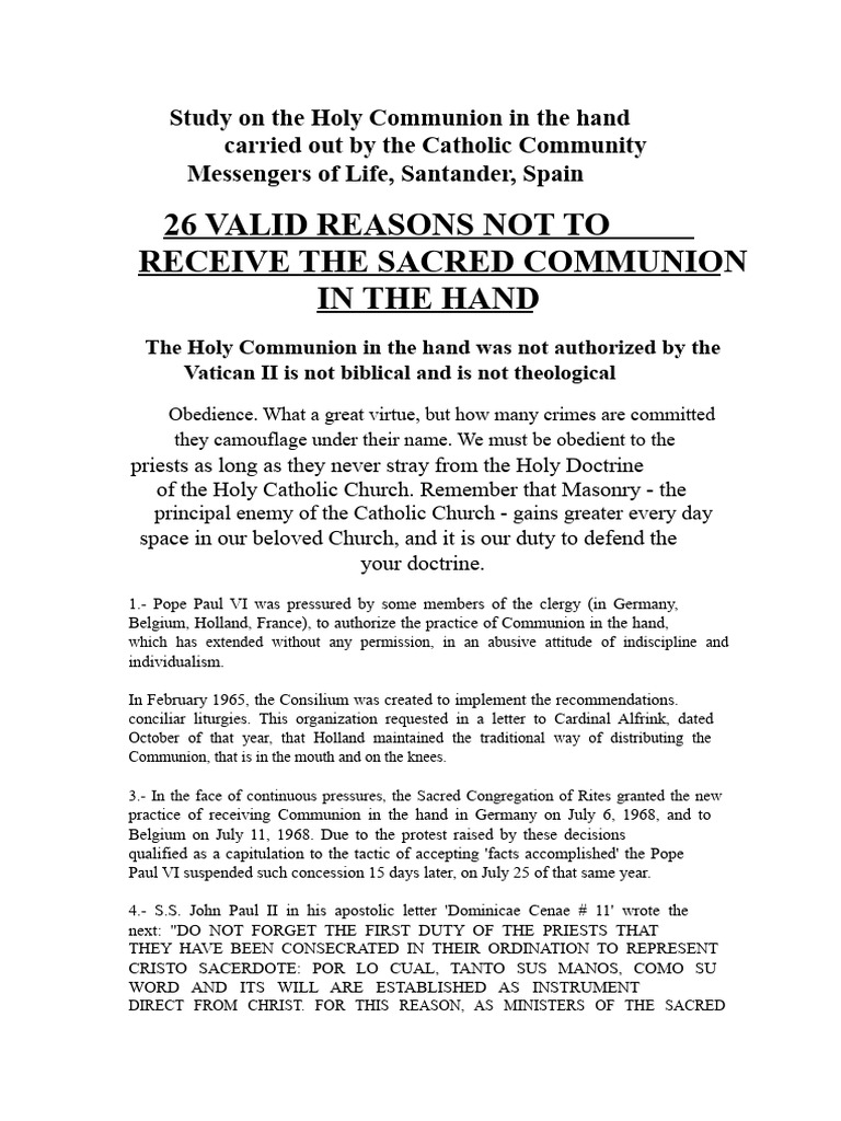 26 Reasons Not to Receive Communion in the Hand | PDF | Eucharist ...
