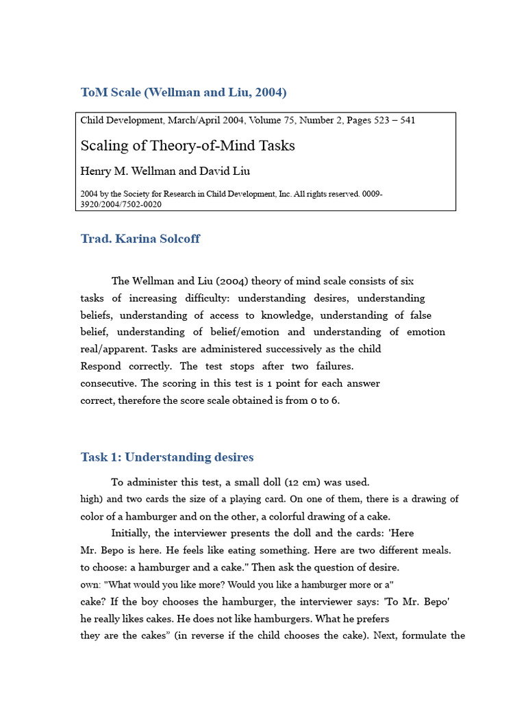 Theory of Mind Scale for Children | PDF | Theory Of Mind | Feeling