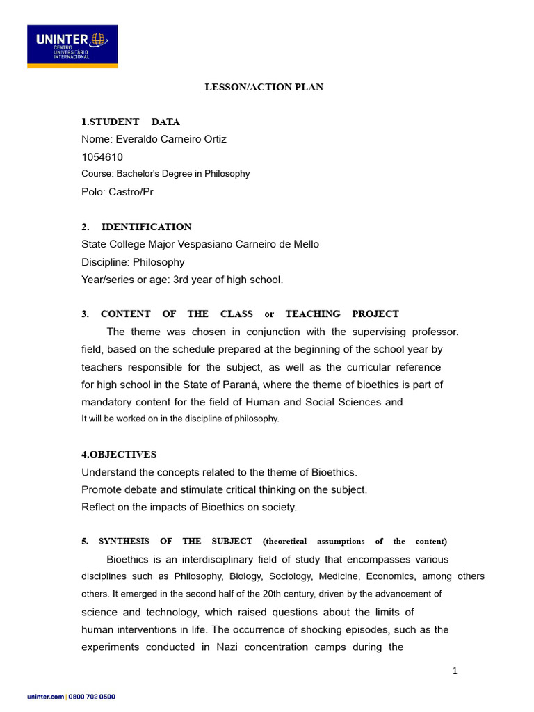 Lesson plan | PDF | Bioethics | Liberal Arts Education
