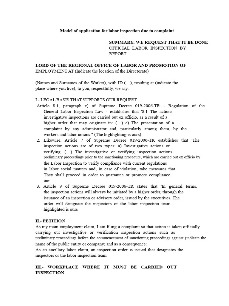 Labor Inspection Complaint Application | PDF | Complaint | Justice