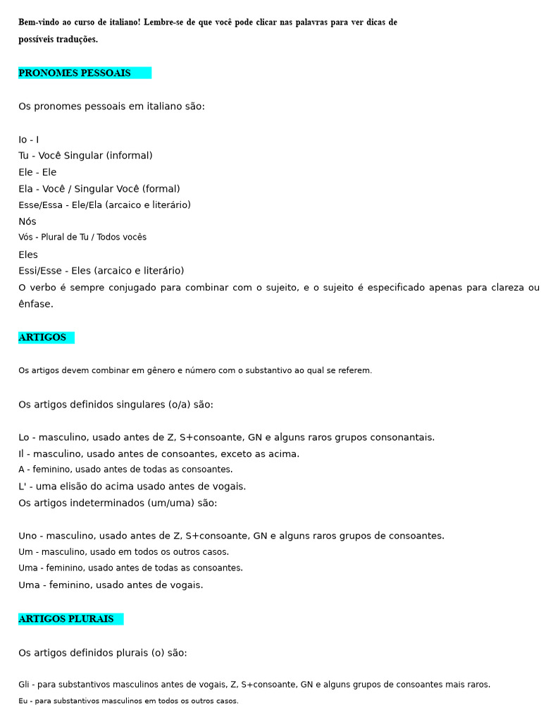 Curso Completo de Italiano: Pronomes e Artigos | PDF | Pronome ...
