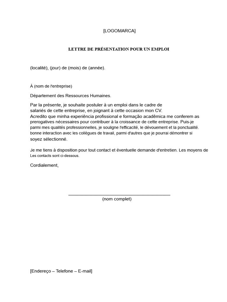 Lettre De Pr sentation Pour Emploi PDF