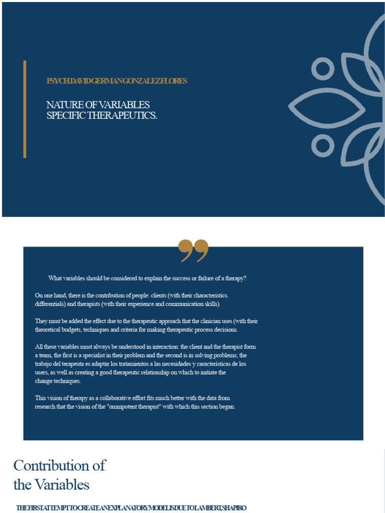 Nature of the specific therapeutic variables of the patient or client ...