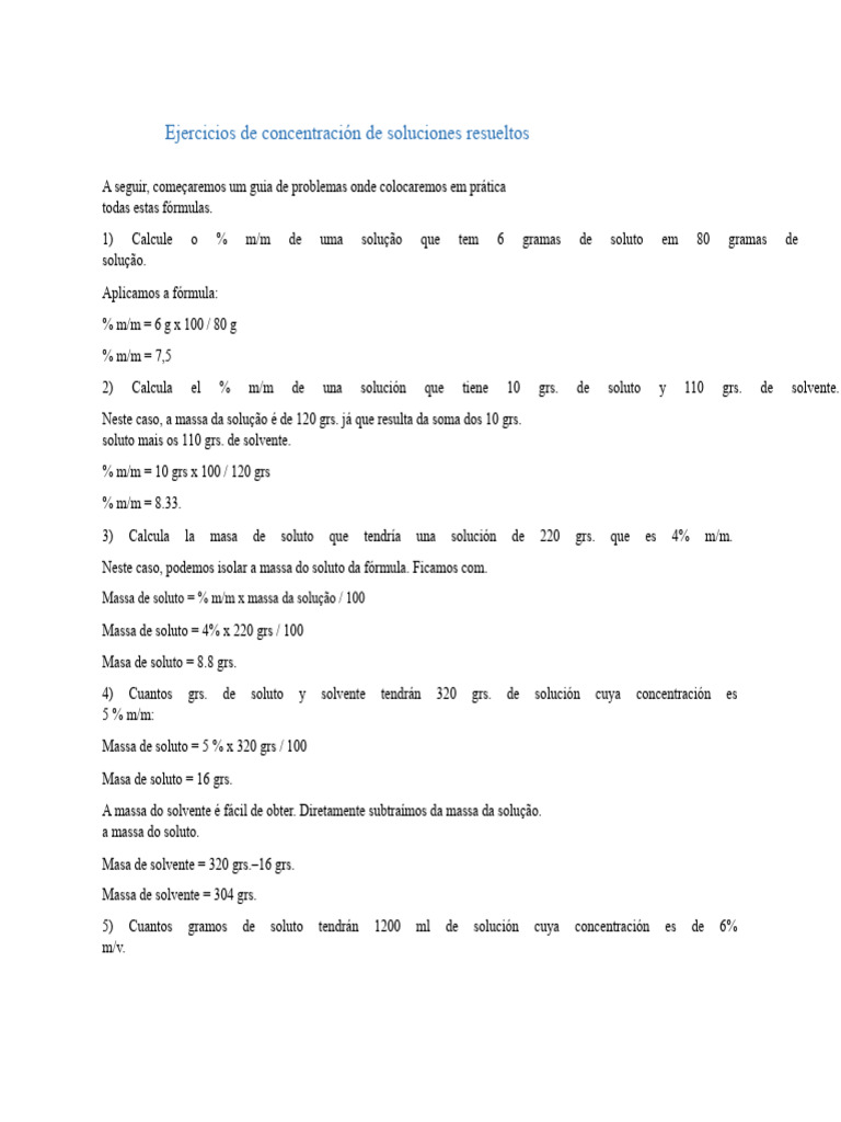 Exercícios Resolvidos de Soluções Químicas | PDF | Concentração ...